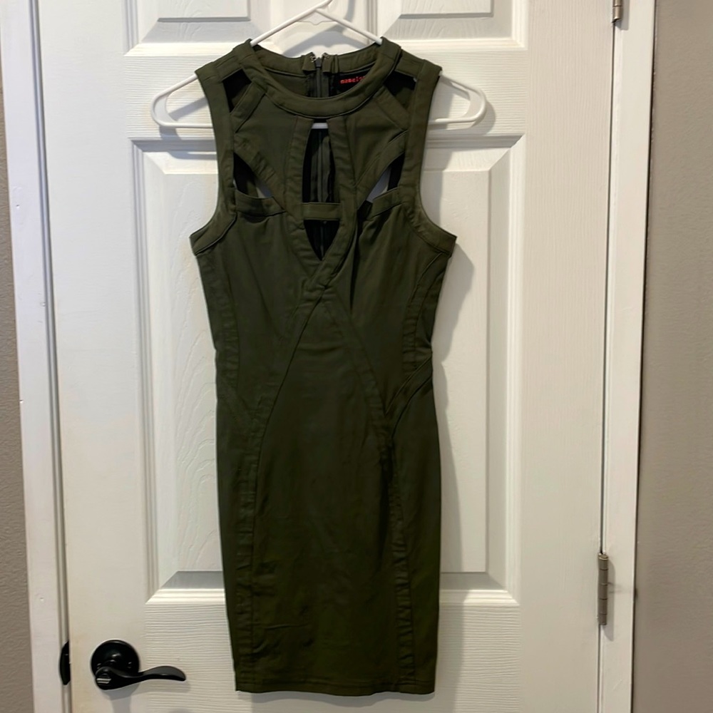 Form fitted olive green dress with cut outs